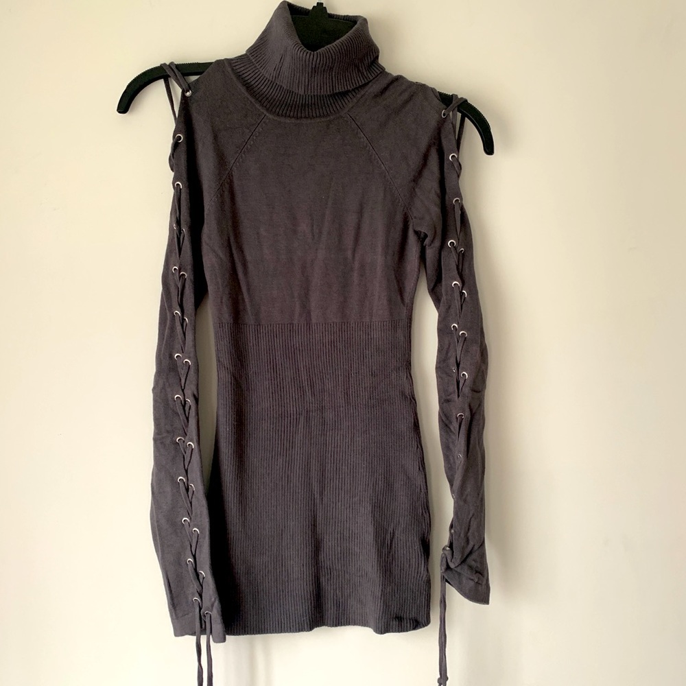 Guess Gray Turtleneck w/ Lace-up Sleeves